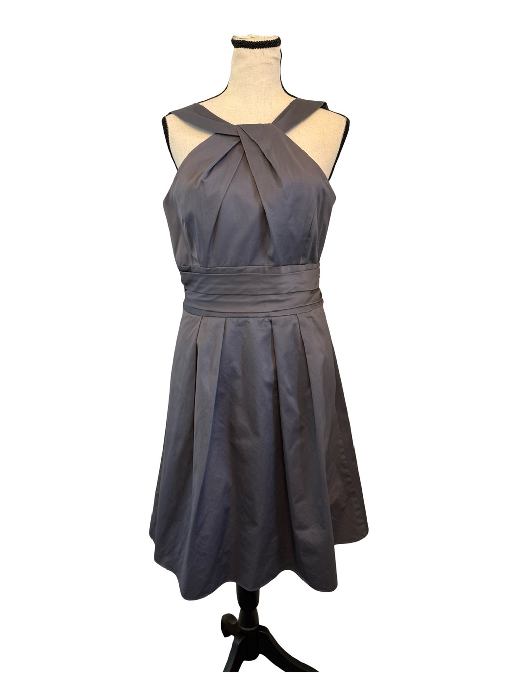 David's Bridal Gray Twist Neck Fit & Flare Dress Size 8 Pockets Cotton Cocktail